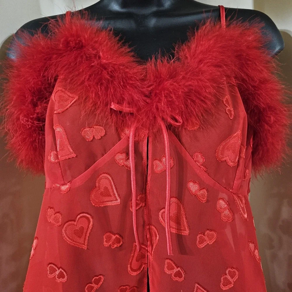 Vintage Inner Most Babydoll Lingerie Embroidered Hearts Faux Feather Size Medium
